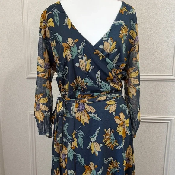 Floral Wrap overlayed Maxi Dress 3/4 sleeve in Teal and Mustard✨Large - Picture 3 of 8